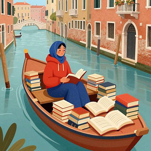 Digital illustration of a young woman with blue hijab and red hoodie reading in a gondola filled with books, floating through a colorful Venetian