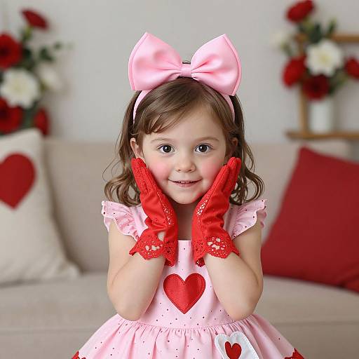 Photograph of a smiling young girl with brown hair, wearing a pink dress with red hearts, red gloves, and a large pink bow, standing in