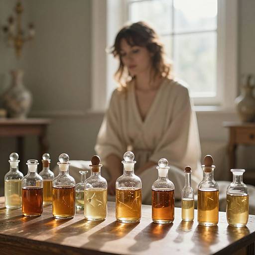 Photograph of a woman with curly brown hair, wearing a cream robe, standing behind a wooden table with various amber-colored glass bottles of different shapes and