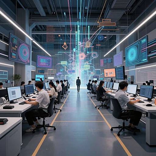 Photograph of a futuristic, brightly lit tech office with rows of seated employees working on computers, neon digital displays, and a central, illuminated corridor.