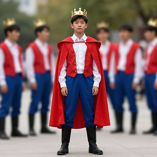 Photograph of Asian boy in red cape, white shirt, blue pants, black shoes, gold crown, standing center, with blurred background of similarly dressed