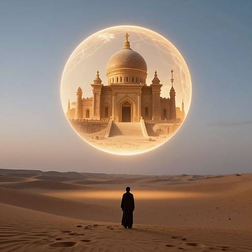 Photograph of a solitary figure in black standing in a desert, facing a glowing, circular halo around an illuminated, detailed dome-shaped building in the sky