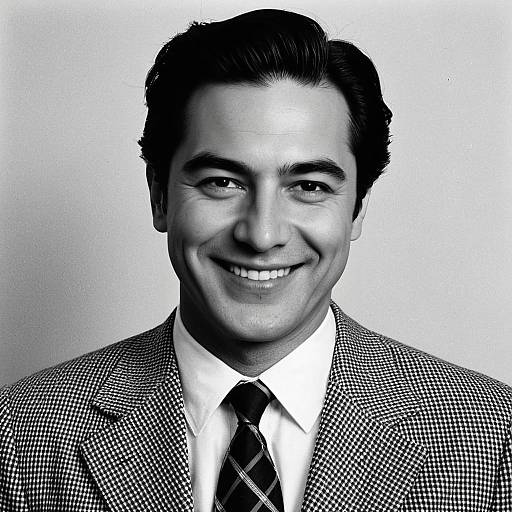 Smiling Man in Checkered Suit Black and White Portrait