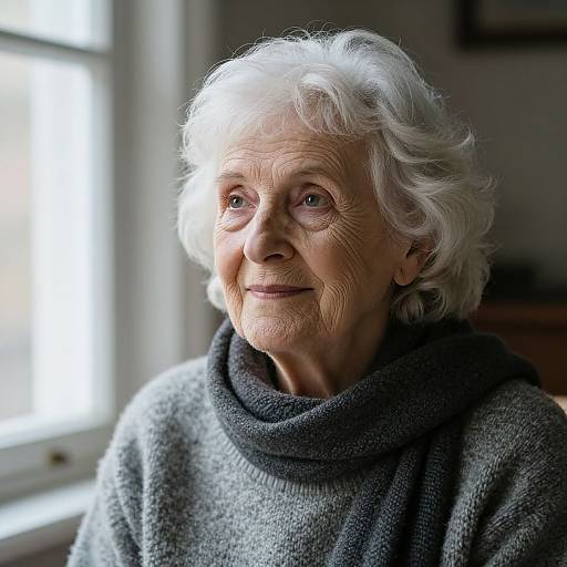 Photograph of an elderly woman with white curly hair, wearing a gray turtleneck sweater, smiling softly in natural light from a window.