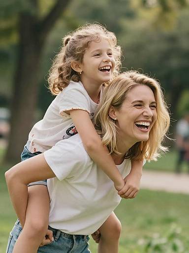Playful Mother-Daughter Backride in Park