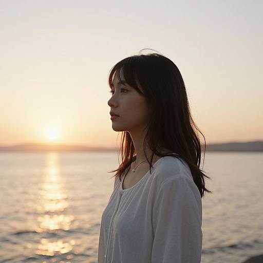 Photograph of a young Asian woman with wet, shoulder-length black hair in a white, sheer blouse, standing in profile at sunset by the sea.