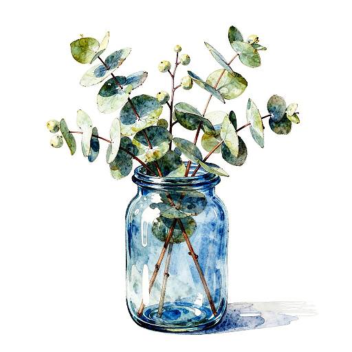 Watercolor painting of a clear glass jar containing eucalyptus branches, with green and blue leaves, set against a white background.