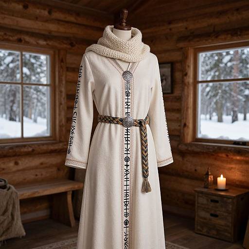 Photograph of a white, long-sleeved medieval-style dress with intricate black embroidery, gray belt, and white scarf, displayed in a cozy wooden