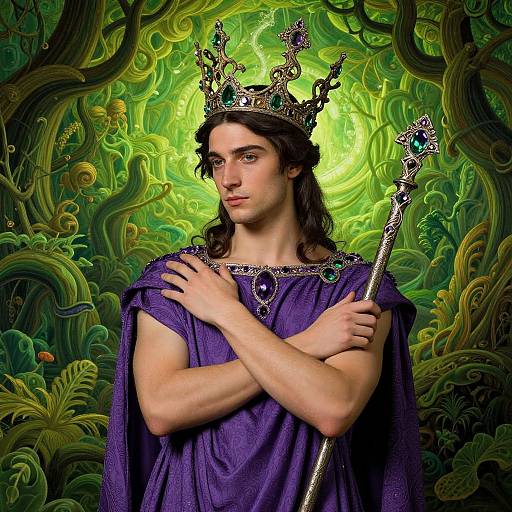 Digital art of a fair-haired, long-haired young king with a crown, purple robe, holding an ornate staff, set against a vibrant green,
