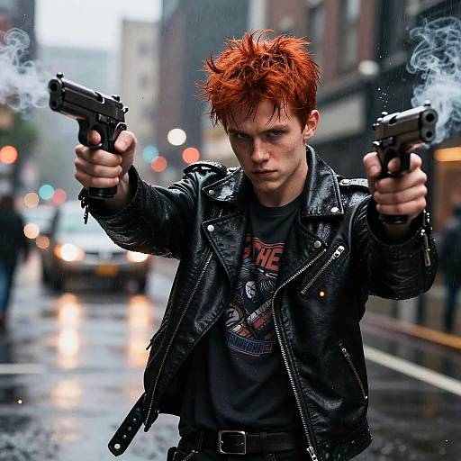 Photorealistic digital artwork of a red-haired man in a black leather jacket, firing two handguns on a rainy city street.