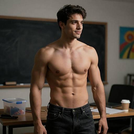 Muscular Man in Dimly Lit Room