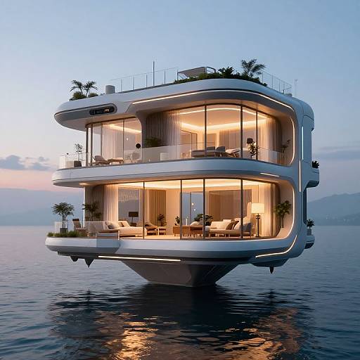 Photorealistic CGI of a futuristic, floating, two-story houseboat at dusk, illuminated with warm lights, surrounded by calm water and mountains in the