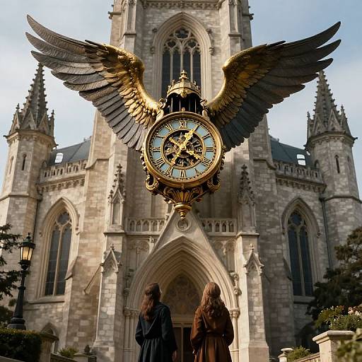 Photograph of a grand Gothic cathedral with a large, golden, winged clock face in the foreground, flanked by two statues.
