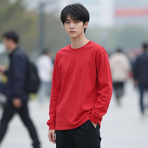Photograph of an Asian male with black hair, wearing a loose red sweatshirt and black pants, standing in a blurred urban outdoor setting with people in