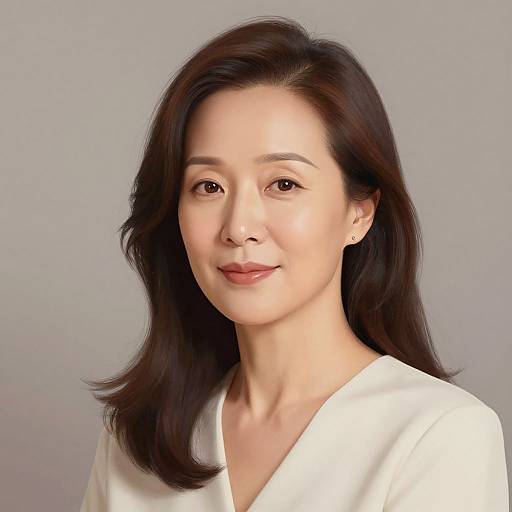 Photograph of an East Asian woman with fair skin, dark wavy hair, wearing a white V-neck blouse, smiling subtly against a gray background.