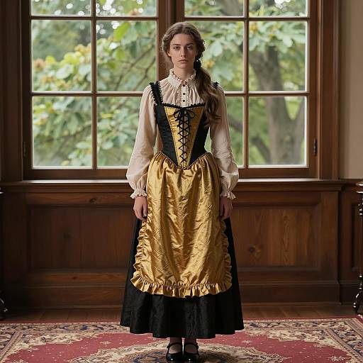 Victorian Style Woman in Black and Gold Costume