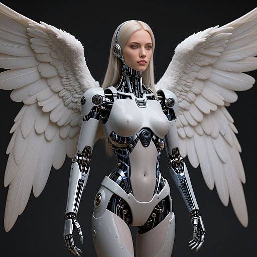 Digital artwork of a futuristic, white-winged android woman with silver hair, metallic body, and angelic wings, standing against a black background.