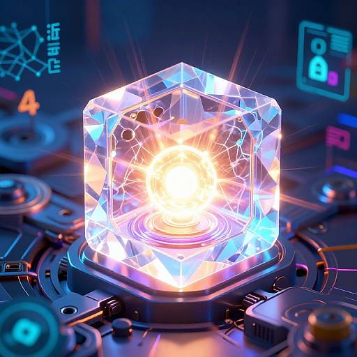 Glowing, crystal-encased orb with bright, fiery core on futuristic, neon-lit control panel. Digital holograms and buttons surround it