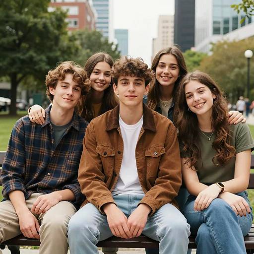 Friends on Bench in Urban Park