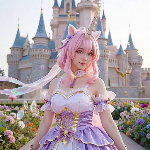 Photograph of a pink-haired, blue-eyed woman in a pink unicorn cosplay with a horn, white and purple frilled dress, in front of a