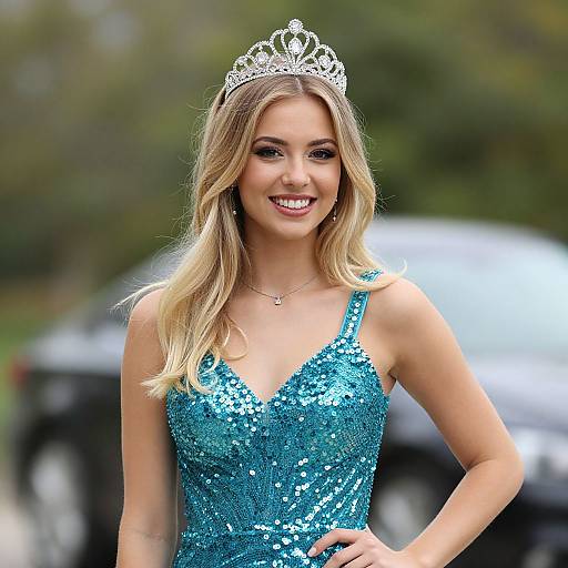 Photograph of a smiling blonde woman with wavy hair wearing a silver tiara and a sequined teal V-neck dress, standing outdoors with a blurred
