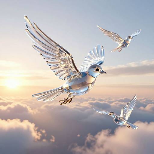 Photograph of four shimmering silver doves with outstretched wings flying against a bright, cloudy sky at sunrise.