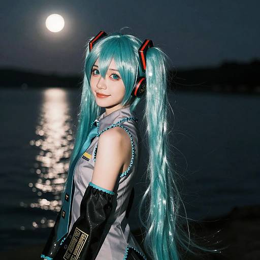 Photograph of a young woman in teal Twin Peaks cosplay, with long turquoise hair, red headphones, moonlit ocean background, smiling.