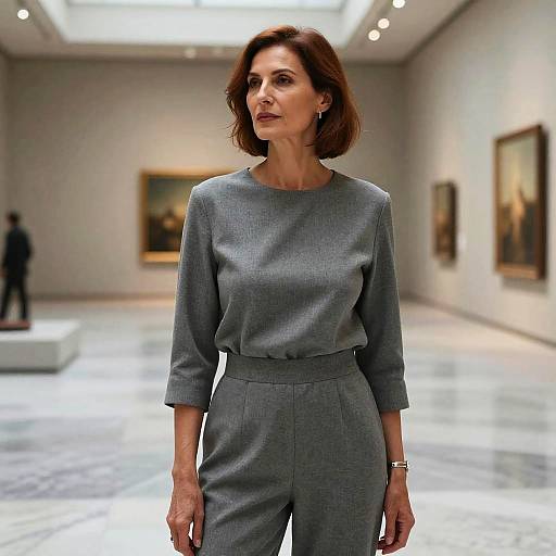 Photograph of a poised woman with short brown hair, wearing a gray, long-sleeve, matching top and pants, in a modern art gallery