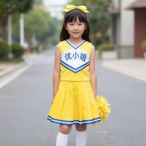 Photograph of an Asian girl in a bright yellow cheerleader dress with blue trim, white knee socks, yellow bow, holding pom-poms, standing