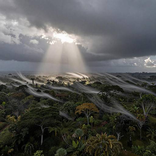 Sunlight Beams Over Windswept Jungle