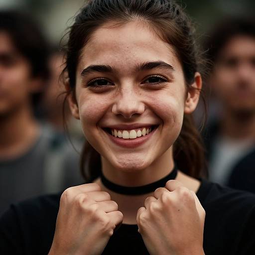 Close-up photograph of a smiling young woman with dark hair, wearing a black choker, clenched fists, and slightly freckled face, blurred