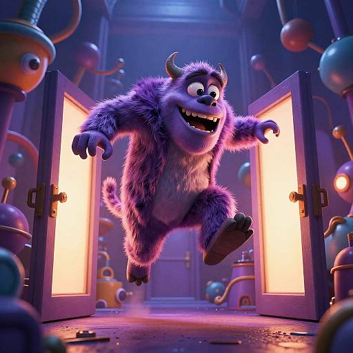 CGI image of a joyful, purple, furry monster with horns leaping through brightly lit, open doors in a surreal, blue-lit room with