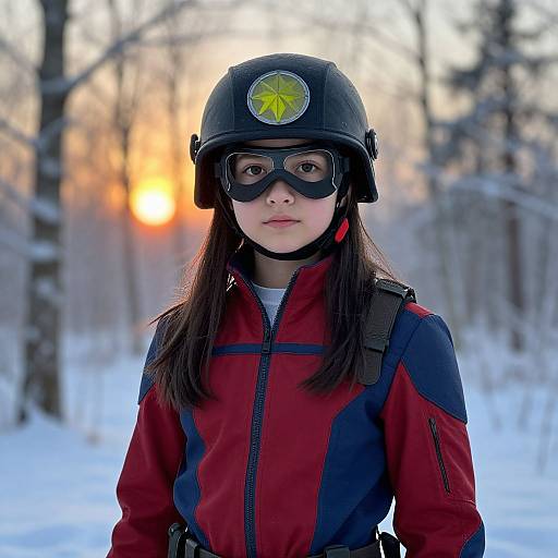 Photograph of a young girl in a red and black winter jacket, black helmet with yellow emblem, and goggles, standing in a snowy forest with a