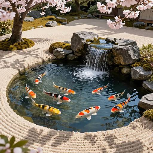 Photograph of serene Japanese garden with circular koi pond, colorful koi fish, small waterfall, surrounded by white pebble paths, and cherry blossom