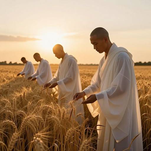 Photograph of four Black men in white robes, silhouetted against a golden sunset, harvesting wheat in a sunlit field.