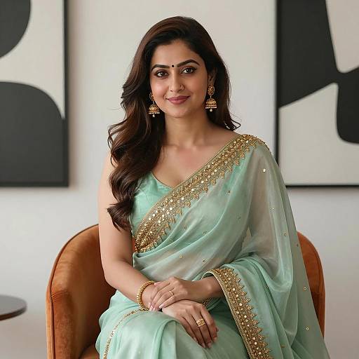 Smiling Woman in Light Green Saree Sitting on Orange Chair