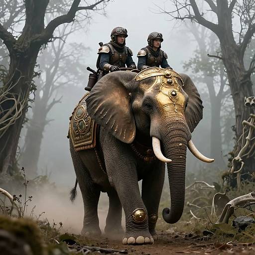 Photograph of two armored riders on a decorated, golden-embellished elephant in a misty, dense forest with gnarled trees.