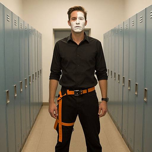 Man with Painted Face in Locker Hallway