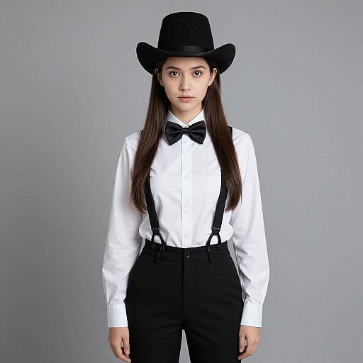 Photograph of an Asian woman with long brown hair, wearing a black bowler hat, white shirt, black bow tie, black suspenders, and