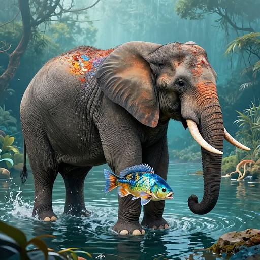 Photograph-style digital artwork of a gray elephant with orange paint splatters standing in a jungle stream, splashing water as a colorful fish swims near its