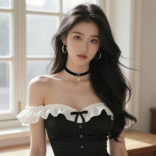 Elegant Young Woman in Black and White Corset Dress