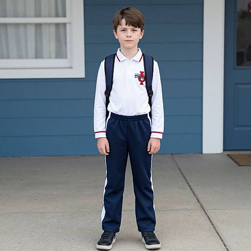Photograph of a young boy with short brown hair, wearing a white polo shirt, navy pants, backpack, and black shoes, standing on a concrete