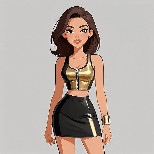 Digital illustration of a confident woman with medium-length dark brown hair, wearing a gold crop top, black leather skirt, and gold bracelet, standing against a