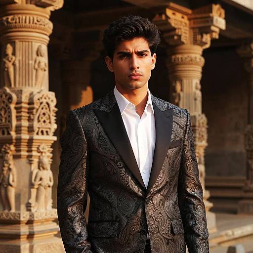 Photograph of a handsome young man with dark hair, wearing an ornate black paisley suit, white shirt, standing in front of intricately carved