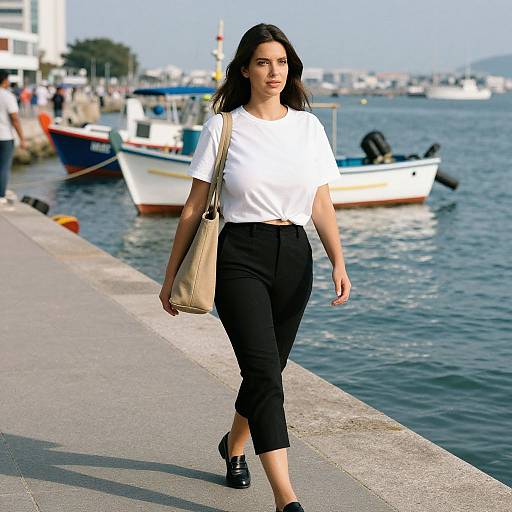 Photograph of a young woman with long dark hair, wearing a white t-shirt, black pants, black shoes, and a beige tote, walking by