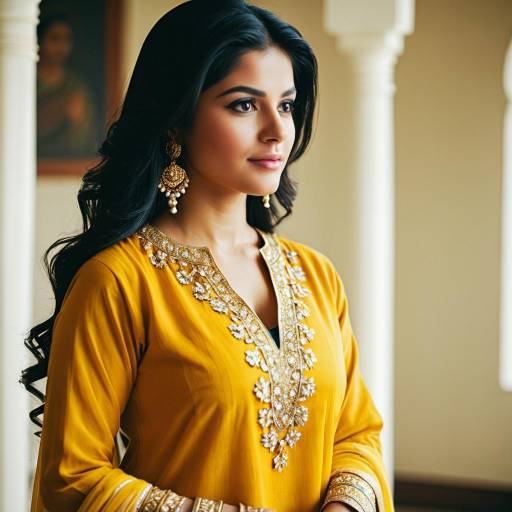 Woman in Mustard Salwar Kameez with Gold Jewelry