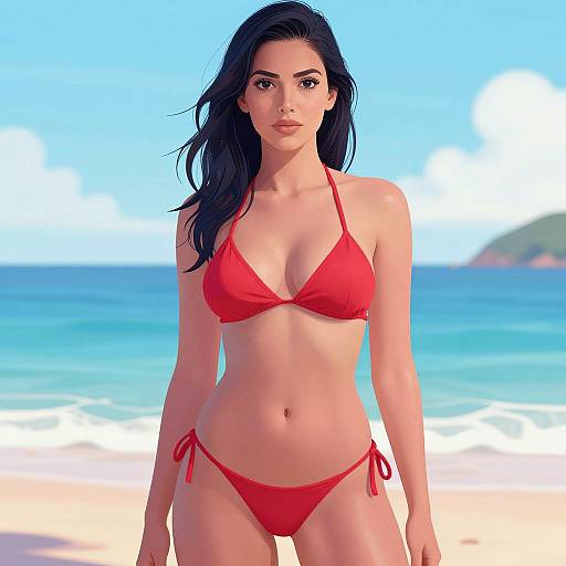 Photorealistic digital image of a beautiful woman with long black hair, wearing a red bikini, standing on a sunny beach with clear blue ocean and white