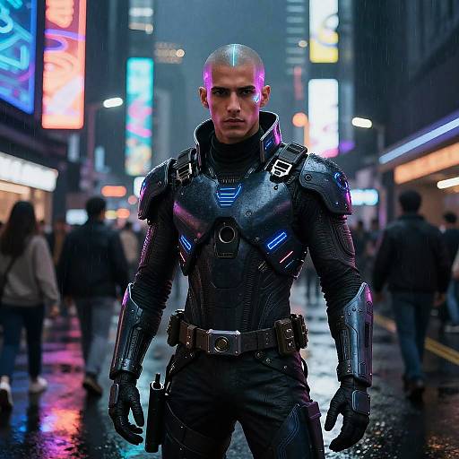 Photorealistic CGI of a bald, serious-looking man in futuristic black armor with neon accents, standing in a neon-lit, rainy city street at