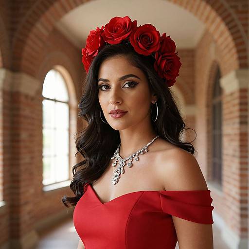 Photograph of a beautiful woman with dark, wavy hair, wearing a red off-shoulder dress, red rose crown, and silver necklace,