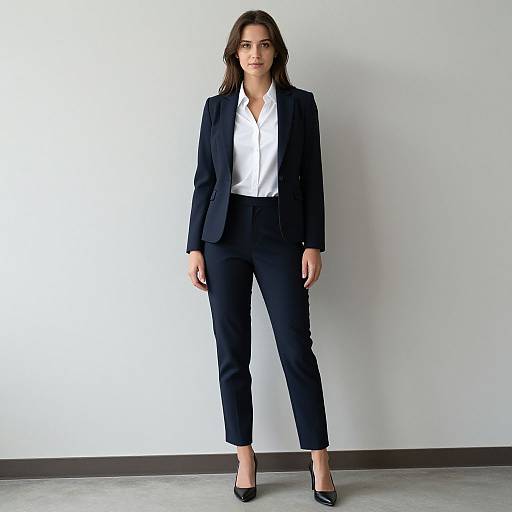 Photograph of a tall, brunette woman in a black blazer, white shirt, black pants, and black heels, standing against a plain white wall